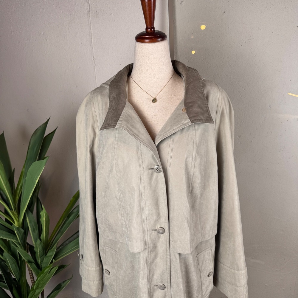 Vintage Beige Hooded Trench Coat Longline Belted Oversized Raincoat Womens 14P - Picture 2 of 12
